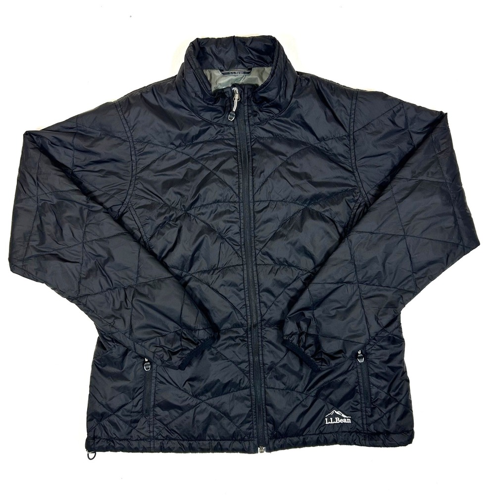 LL Bean Womens PrimaLoft Quilted Puffer Jacket Black Full Zip Mock Neck L PET